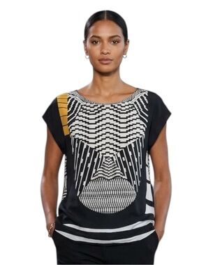 Twelfth Street By Cynthia Vincent Silk Geometric Cap-Sleeve Blouse Size Small